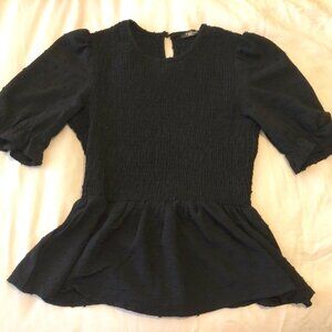 Black Short Sleeve Swiss Dot Top with Rushed Bodice